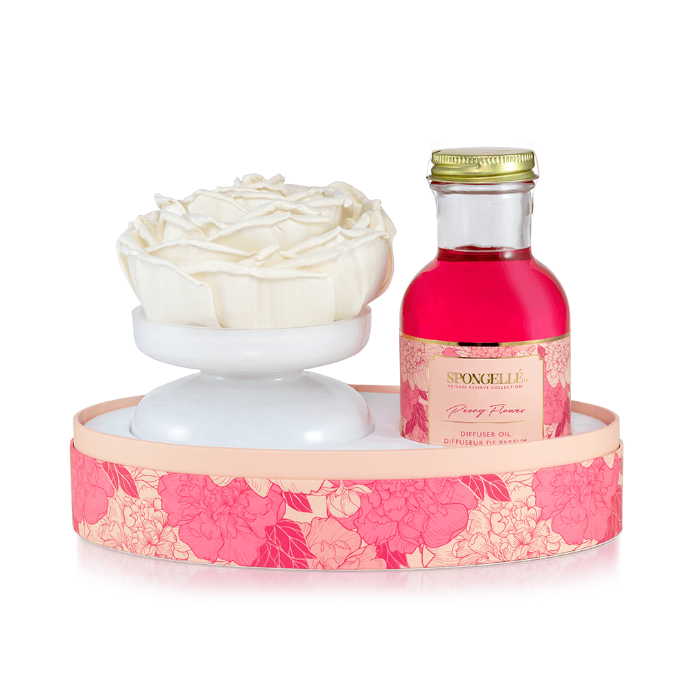 Peony Flower - Private Reserve Diffuser set featuring white flower and red diffuser oil in decorative packaging.