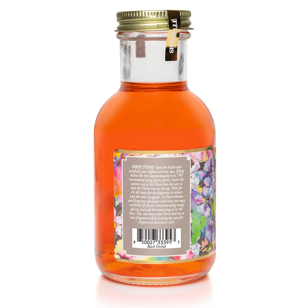 Black Orchid Diffuser Oil | Private Reserve Collection in a colorful glass bottle with directions on label.