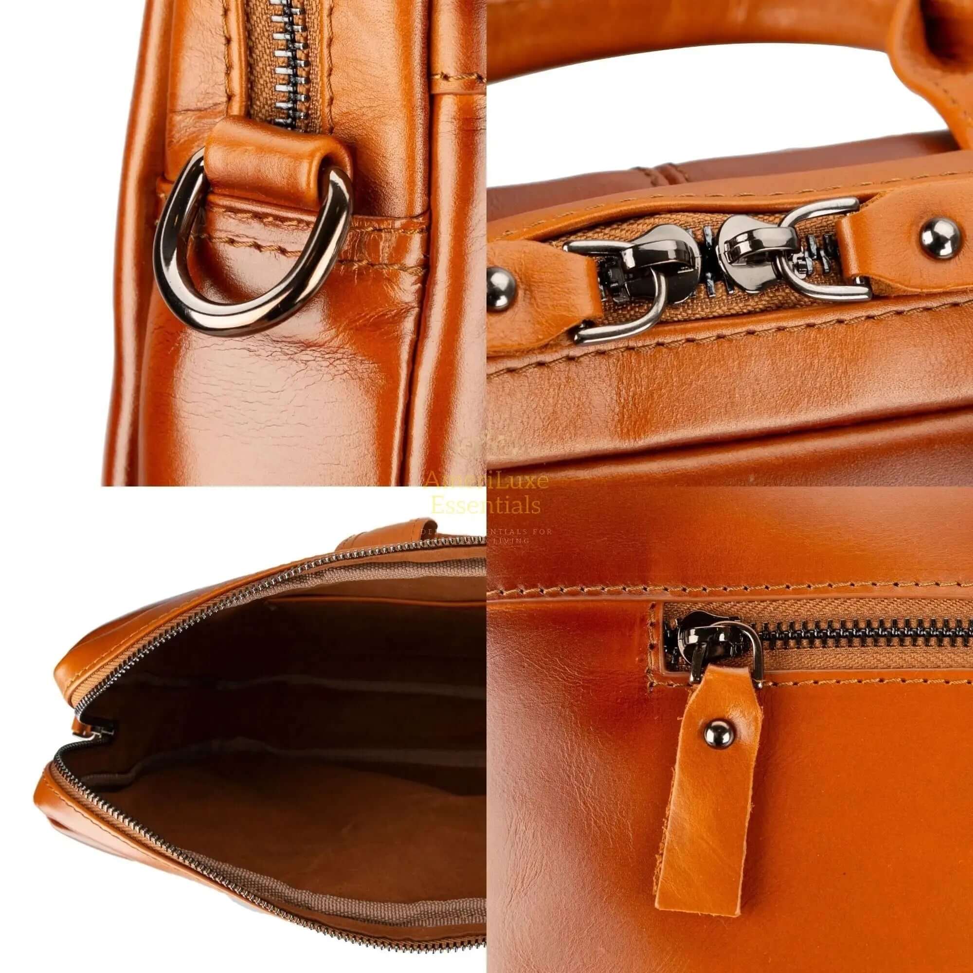 Close-up details of Afton leather MacBook Pro sleeve with zipper and strap features.