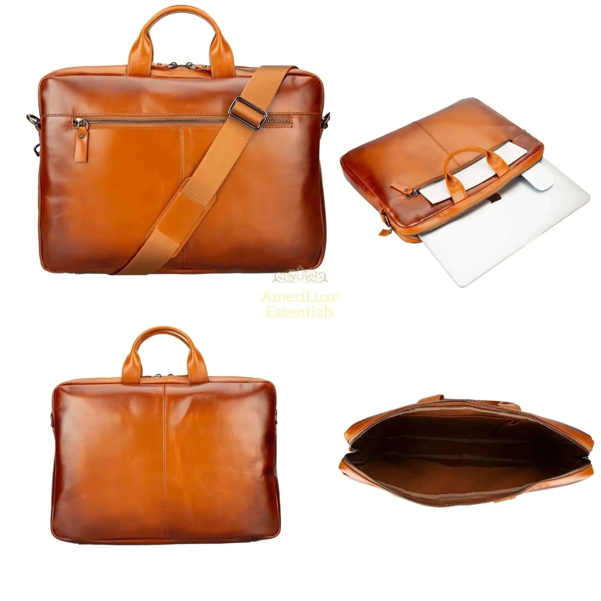Afton leather MacBook Pro sleeve and bag showing stylish exterior and spacious interior for laptop protection.