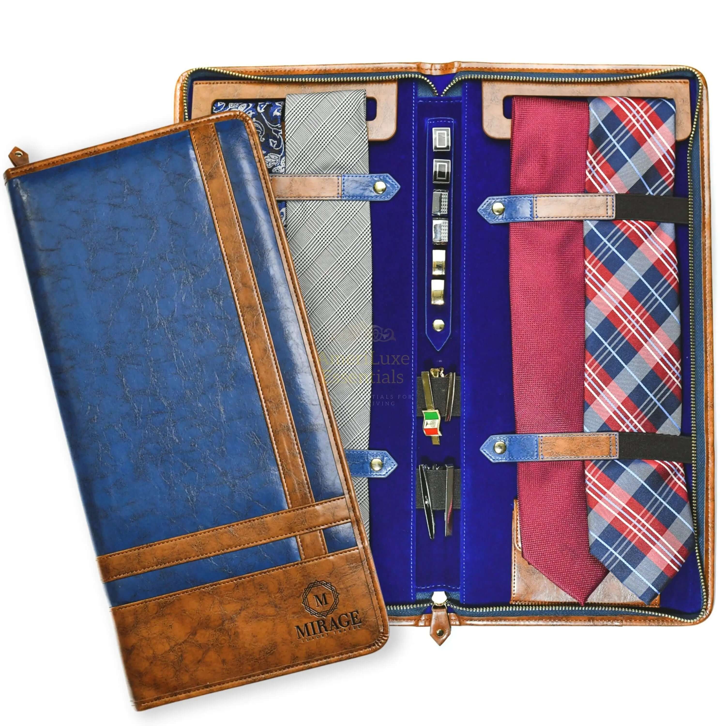 Travel tie organizer in royal blue and brown featuring slots for four ties and collar stays.