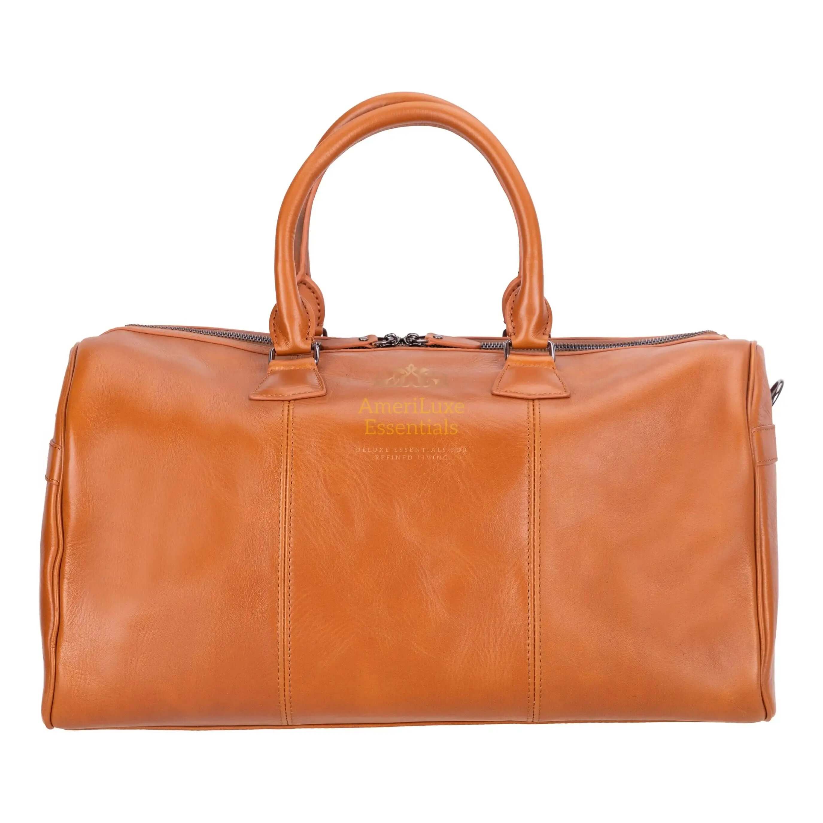 Atmore leather duffle bag in rich brown leather, featuring sturdy handles and a stylish design for travel.