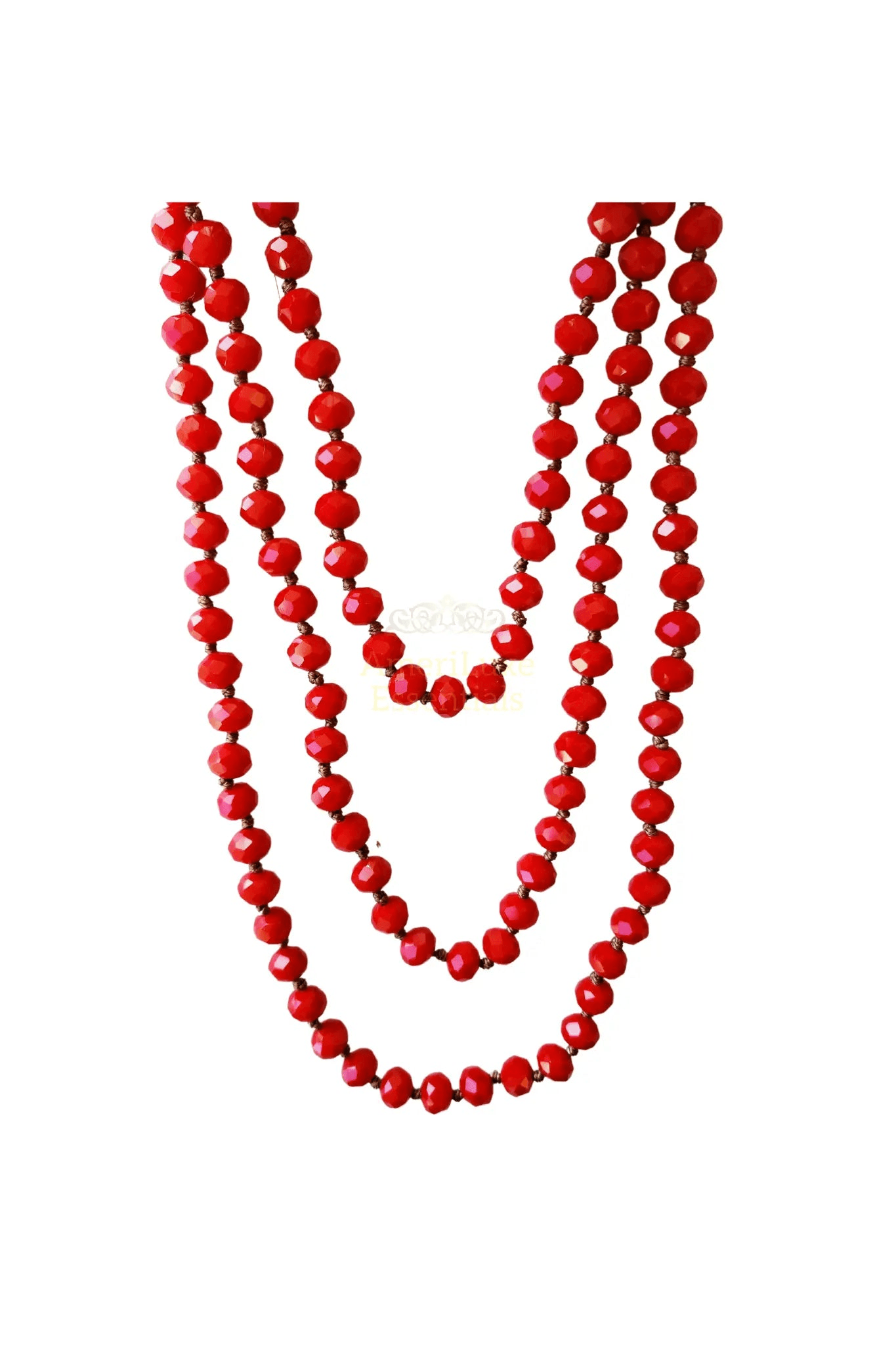 Cherry red crystal necklace featuring stunning crystal beads reflecting light beautifully.