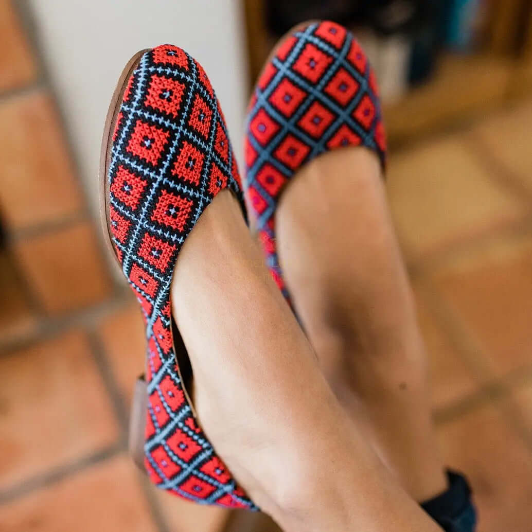 Yasmin Cardinal Red comfortable flat shoes featuring traditional tatreez embroidery and handcrafted design.