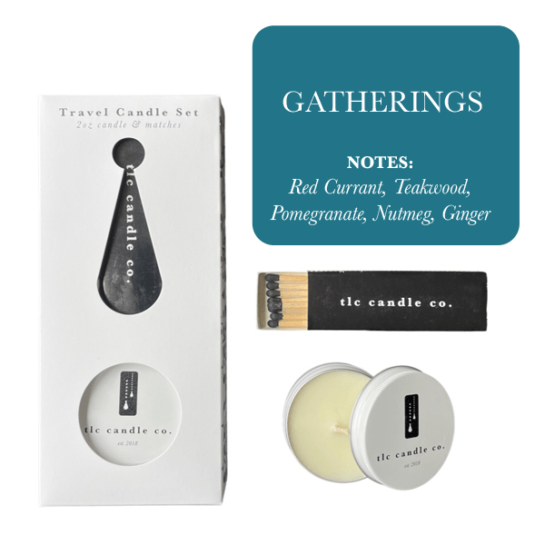 Travel Candle with Matches - Gatherings set featuring candle, matches, and scent notes of Red Currant, Teakwood, Pomegranate.