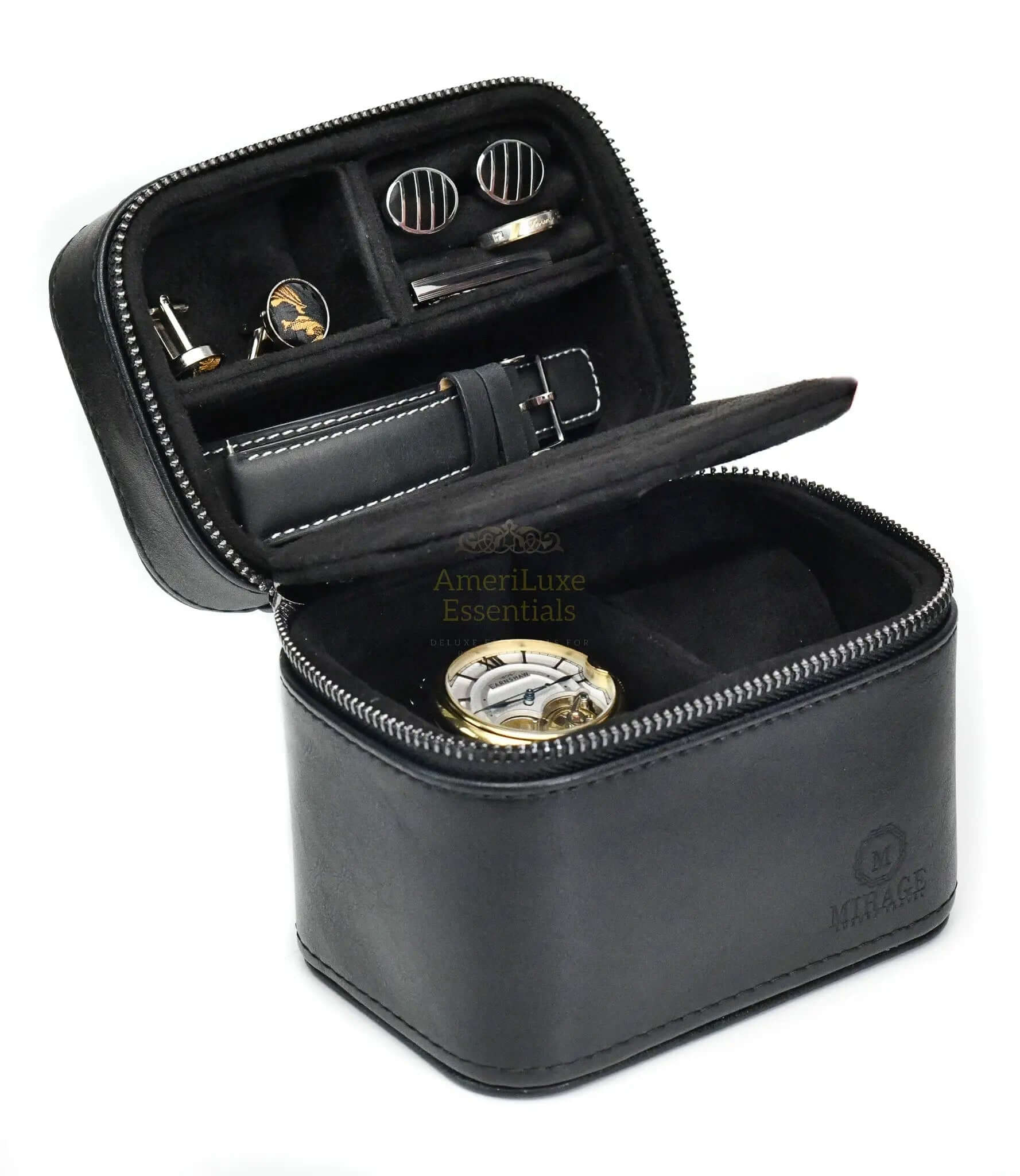 Genuine leather watch travel case featuring compartments for watches, cufflinks, and accessories in obsidian black.