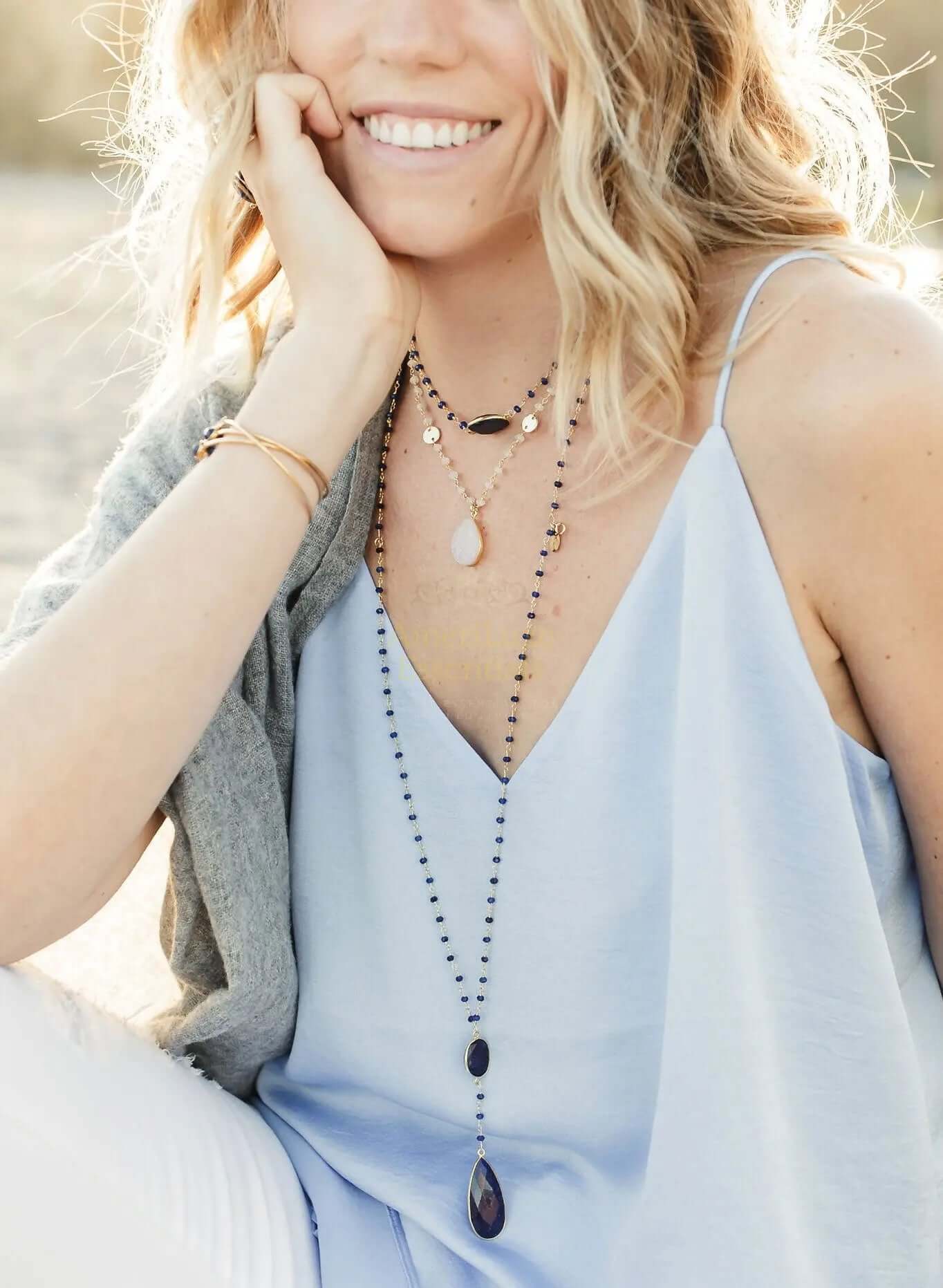 Double Diana Denmark Necklace in Sapphire with Sapphire Drop - AmeriLuxe Essentials