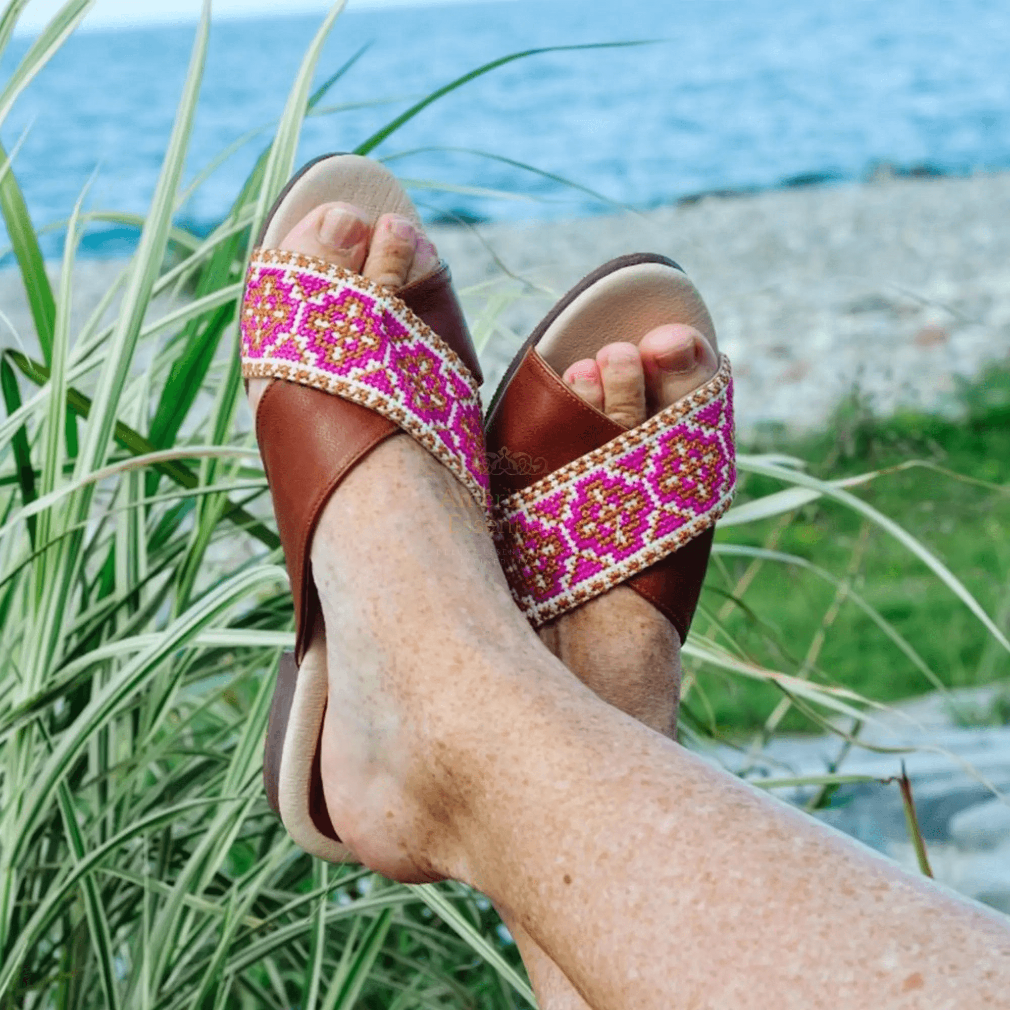 Mona Cross Strap Women's Sandals - Berry featuring a vibrant embroidered design perfect for summer. Women's cross strap sandals berry.