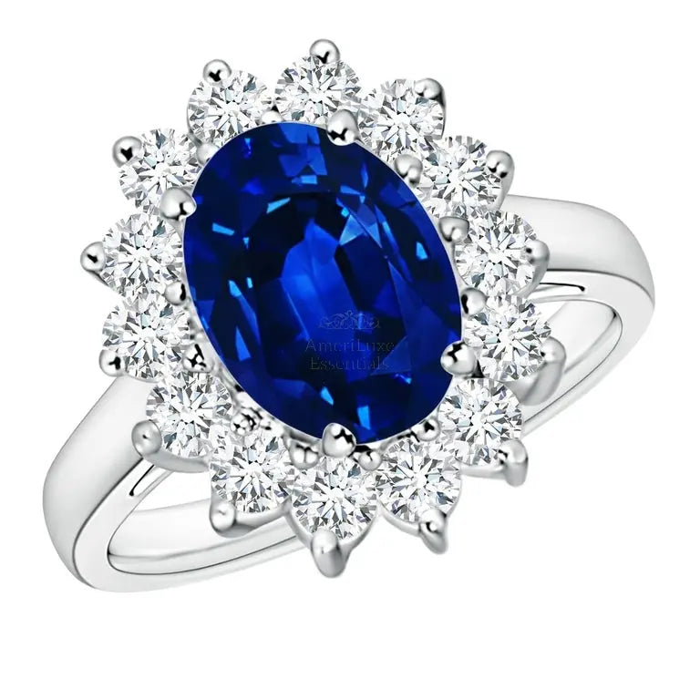 Princess Diana Inspired 3.00CTW AGI Certified G/VS Lab-Grown Sapphire and Diamond Halo Ring in 14K White Gold - AmeriLuxe Essentials