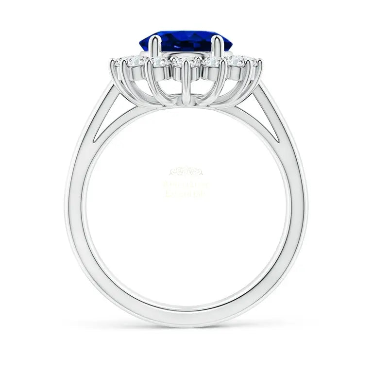 Princess Diana Inspired 3.00CTW AGI Certified G/VS Lab-Grown Sapphire and Diamond Halo Ring in 14K White Gold - AmeriLuxe Essentials