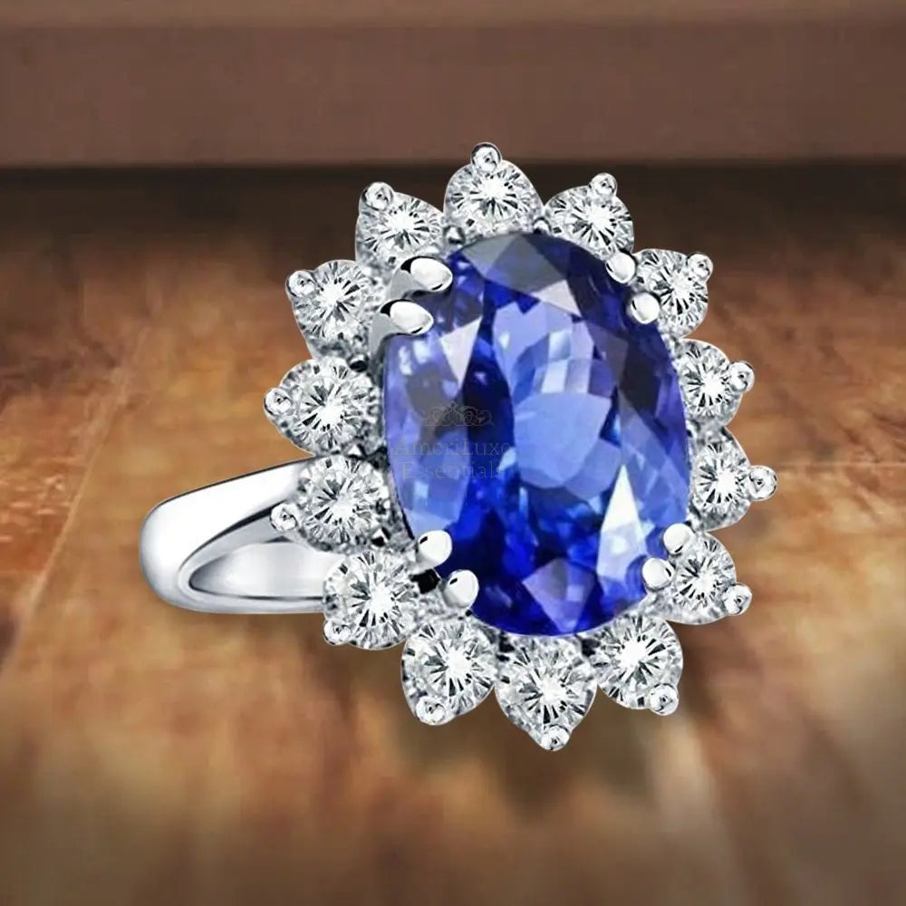 Princess Diana Inspired 3.00CTW AGI Certified G/VS Lab-Grown Sapphire and Diamond Halo Ring in 14K White Gold - AmeriLuxe Essentials