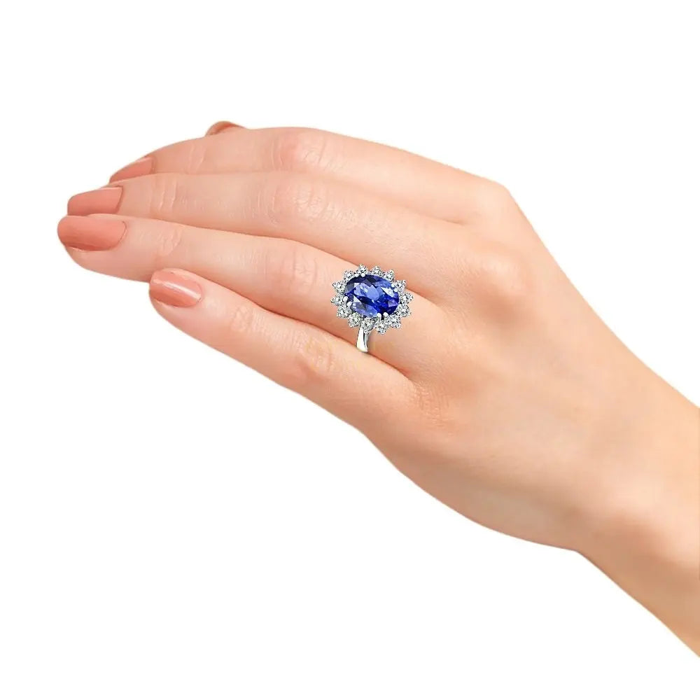 Princess Diana Inspired 3.00CTW AGI Certified G/VS Lab-Grown Sapphire and Diamond Halo Ring in 14K White Gold - AmeriLuxe Essentials