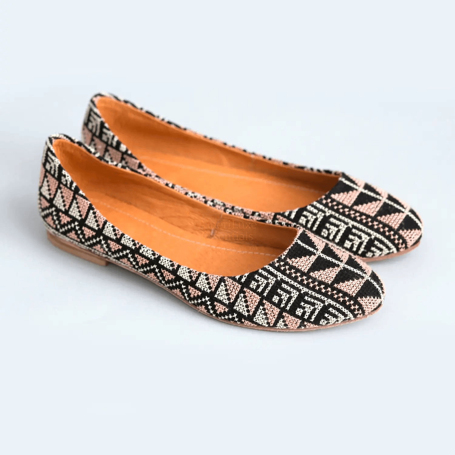 Yasmin Rose Pink Comfortable Flat Shoes with traditional Middle Eastern tatreez design, stylish and handcrafted.