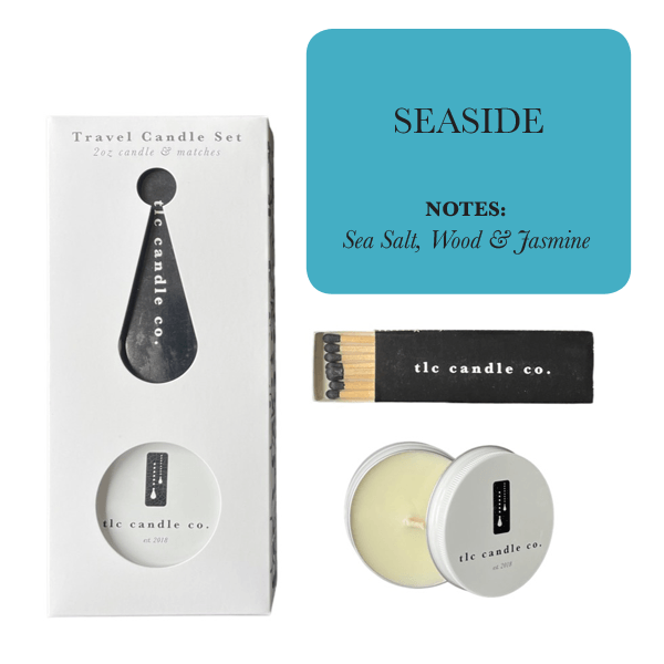Travel Candle with Matches - Seaside in a box with matches, featuring notes of Sea Salt, Wood & Jasmine.
