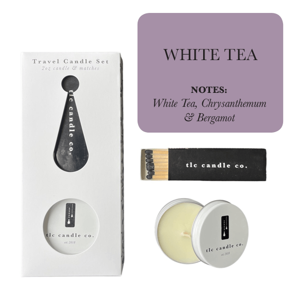 Travel Candle with Matches - White Tea set featuring candle, box, and matches with white tea notes.