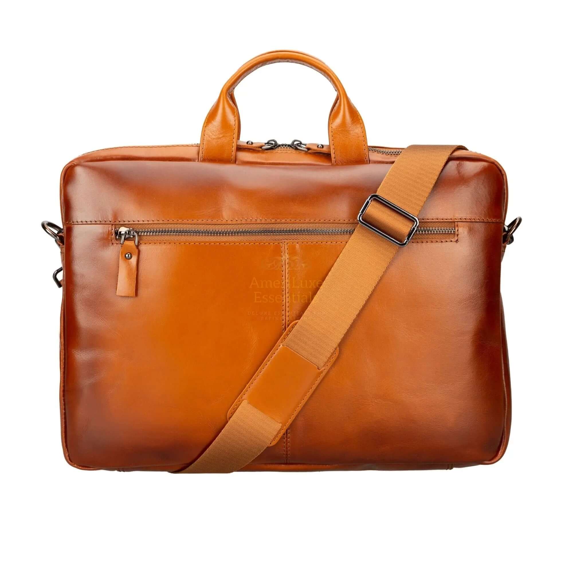 Afton Leather MacBook Pro Sleeve and Bag in rich brown color with adjustable strap and zipper pocket.