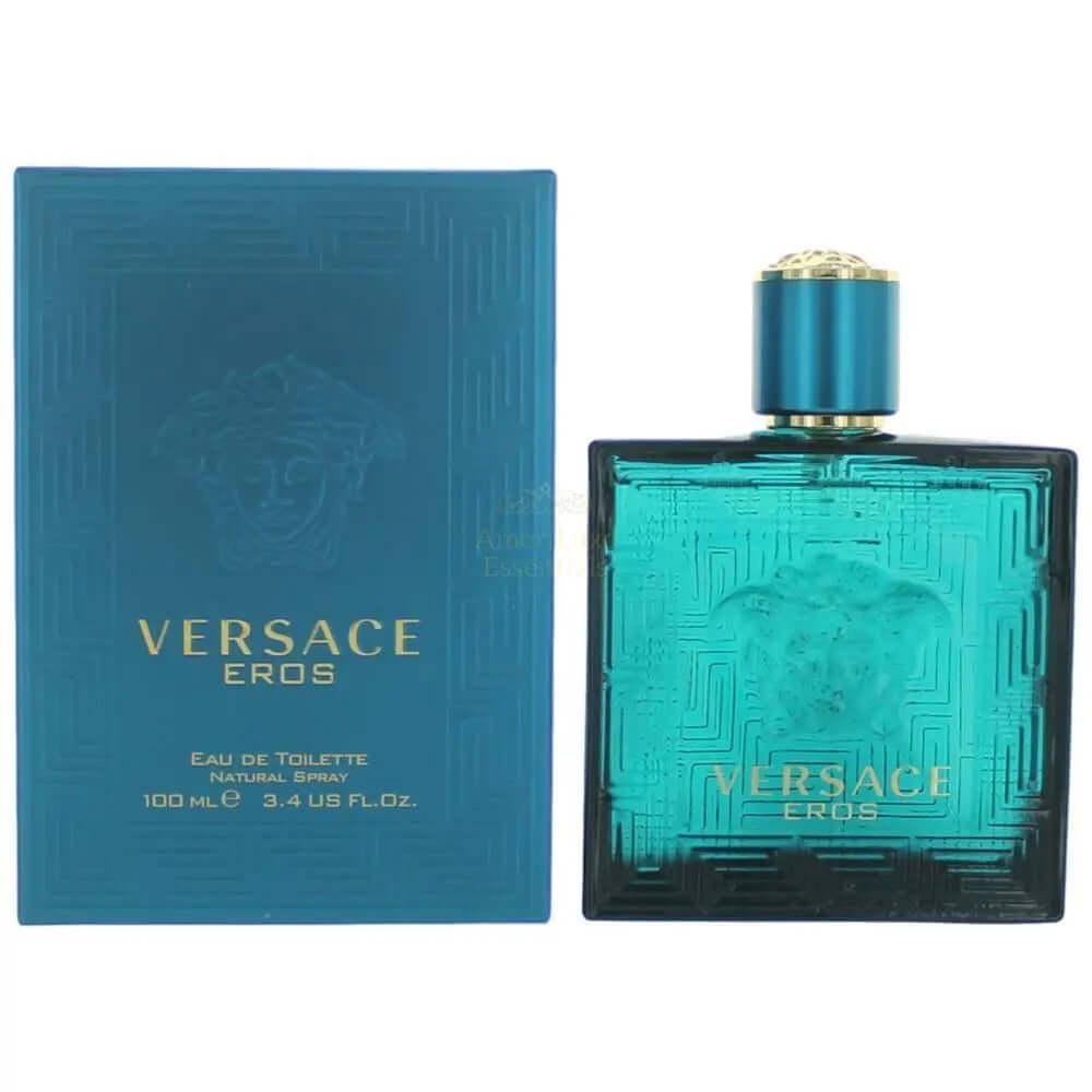 Eros Versace men's fragrance in an elegant bottle with a blue box, showcasing a bold woody scent for confident men.