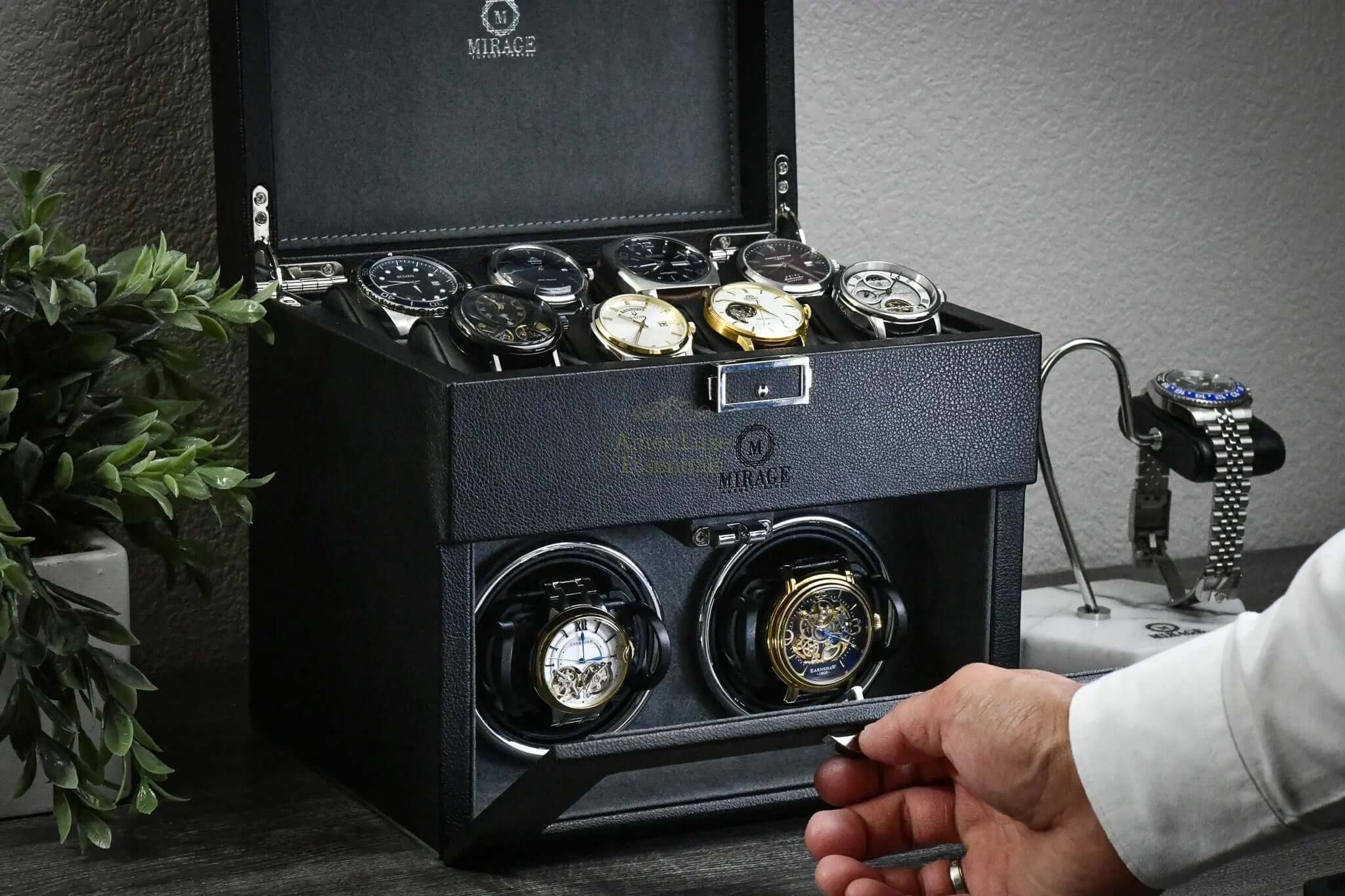Luxury Watch Winder Ebony Black showcasing automatic watches in a stylish display box, preserving them in optimal condition.