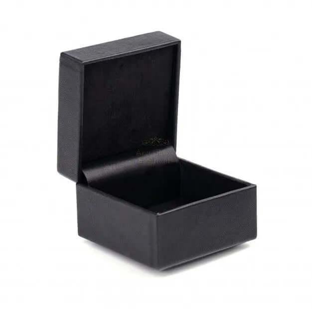 Elegant black jewelry box for storing ethical lab-grown diamond stud earrings.