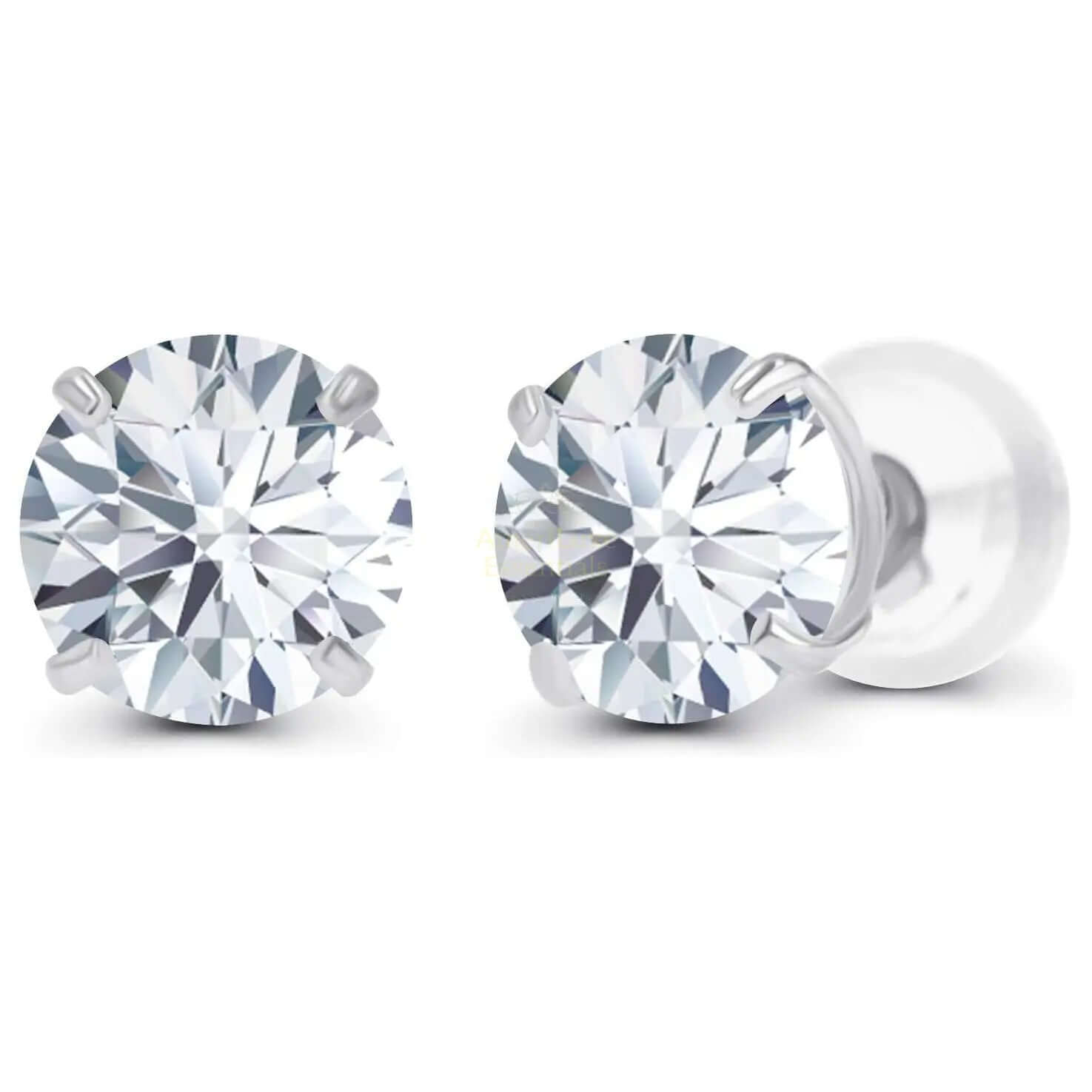 1.50 CTW ethical lab-grown diamond stud earrings in 14K White or Yellow Gold, featuring F-G color and VS clarity.