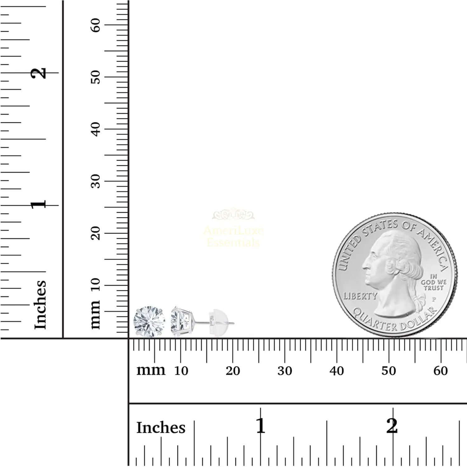 Ethical lab-grown diamond stud earrings shown beside a quarter for size comparison.