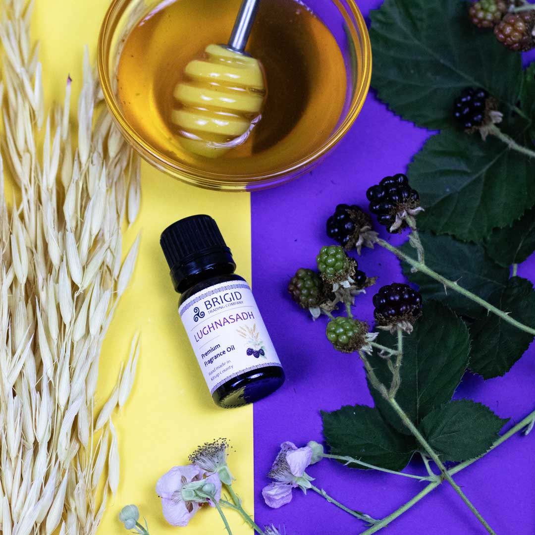 Diffuser Oil Blends - Essential and Premium Fragrance Blends with nature elements and honey in a vibrant setup.