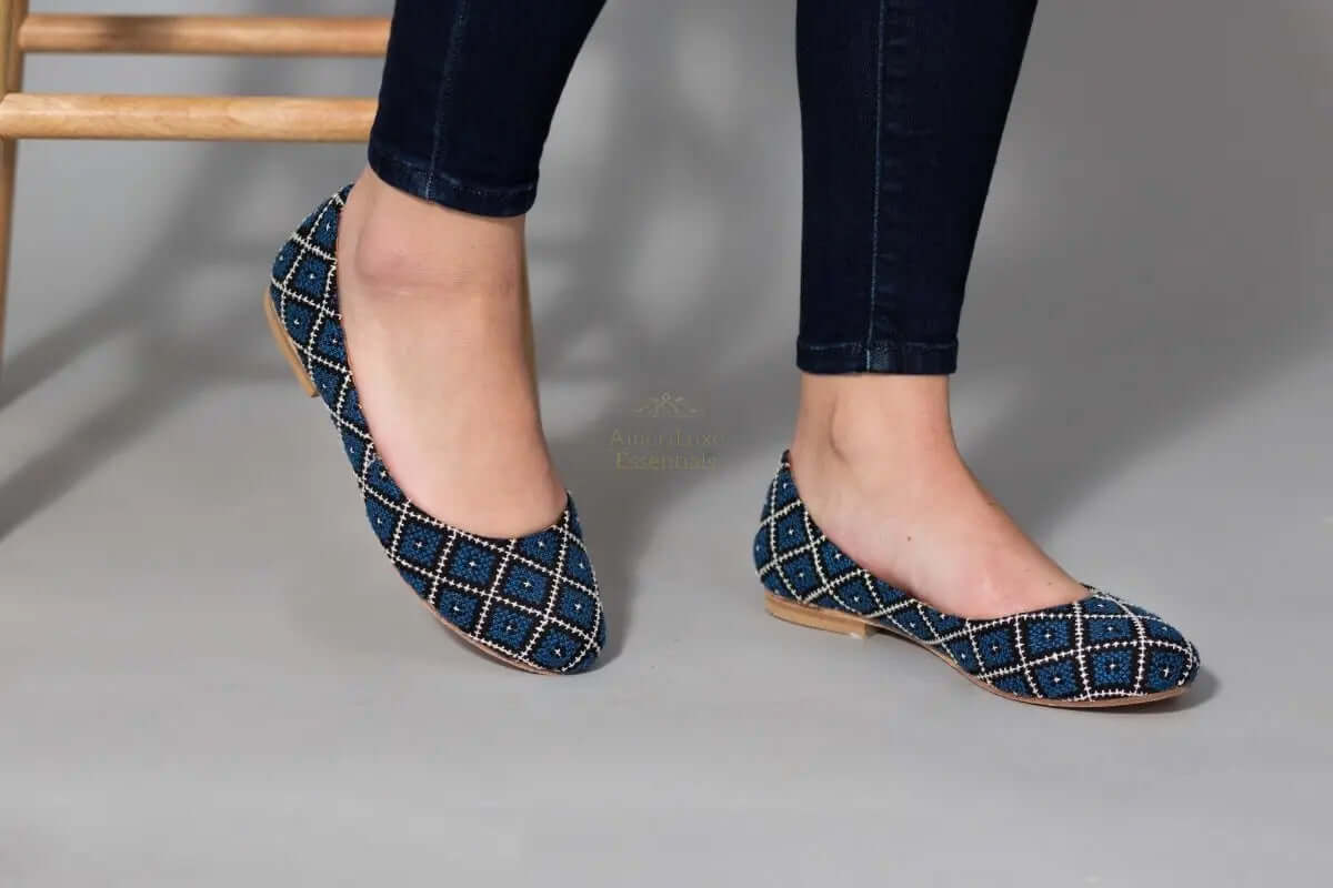Yasmin Sapphire Blue comfortable flat shoes for women showcased against a neutral background.