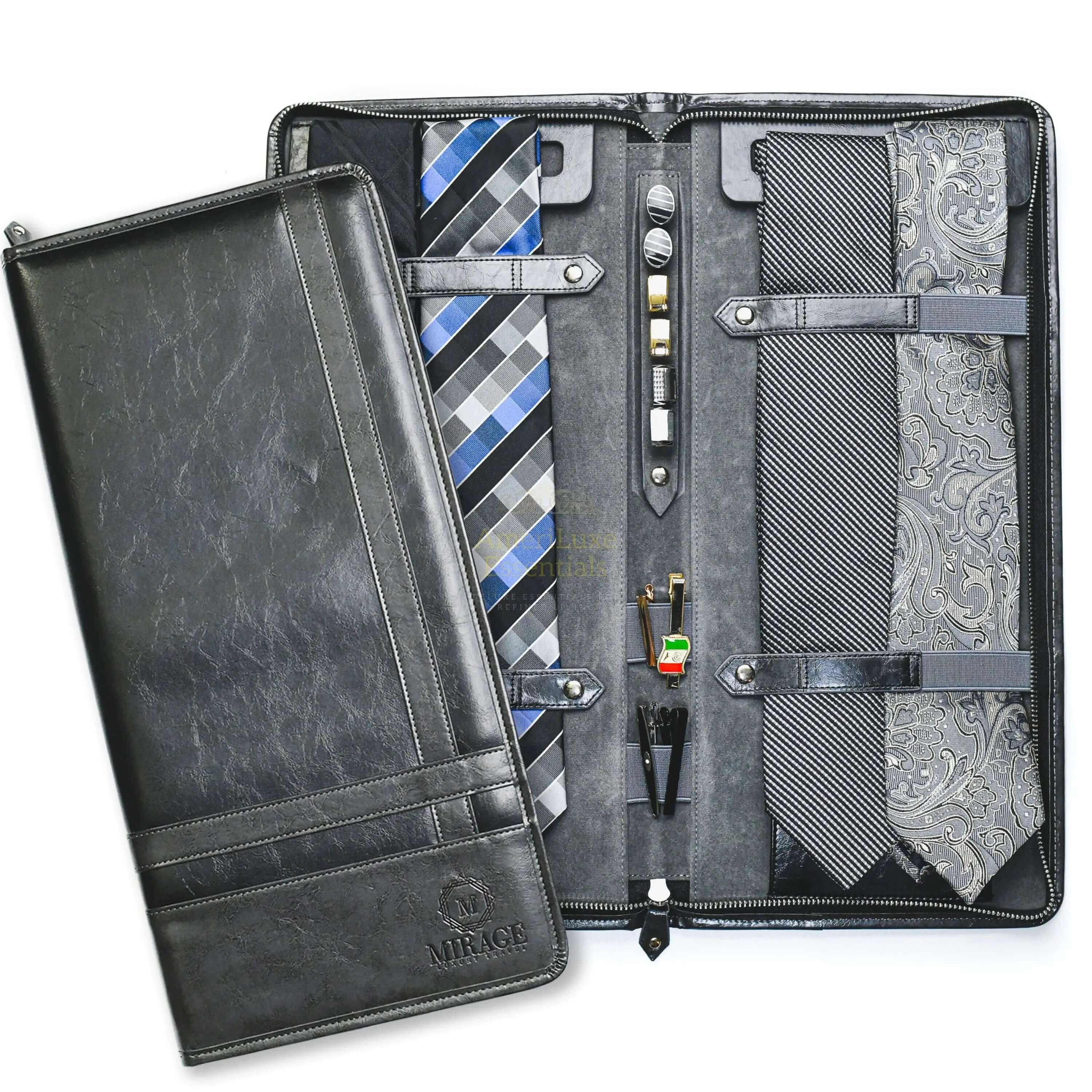 Travel Tie Case - Graphite Black open, displaying ties, collar stays, and organized compartments.